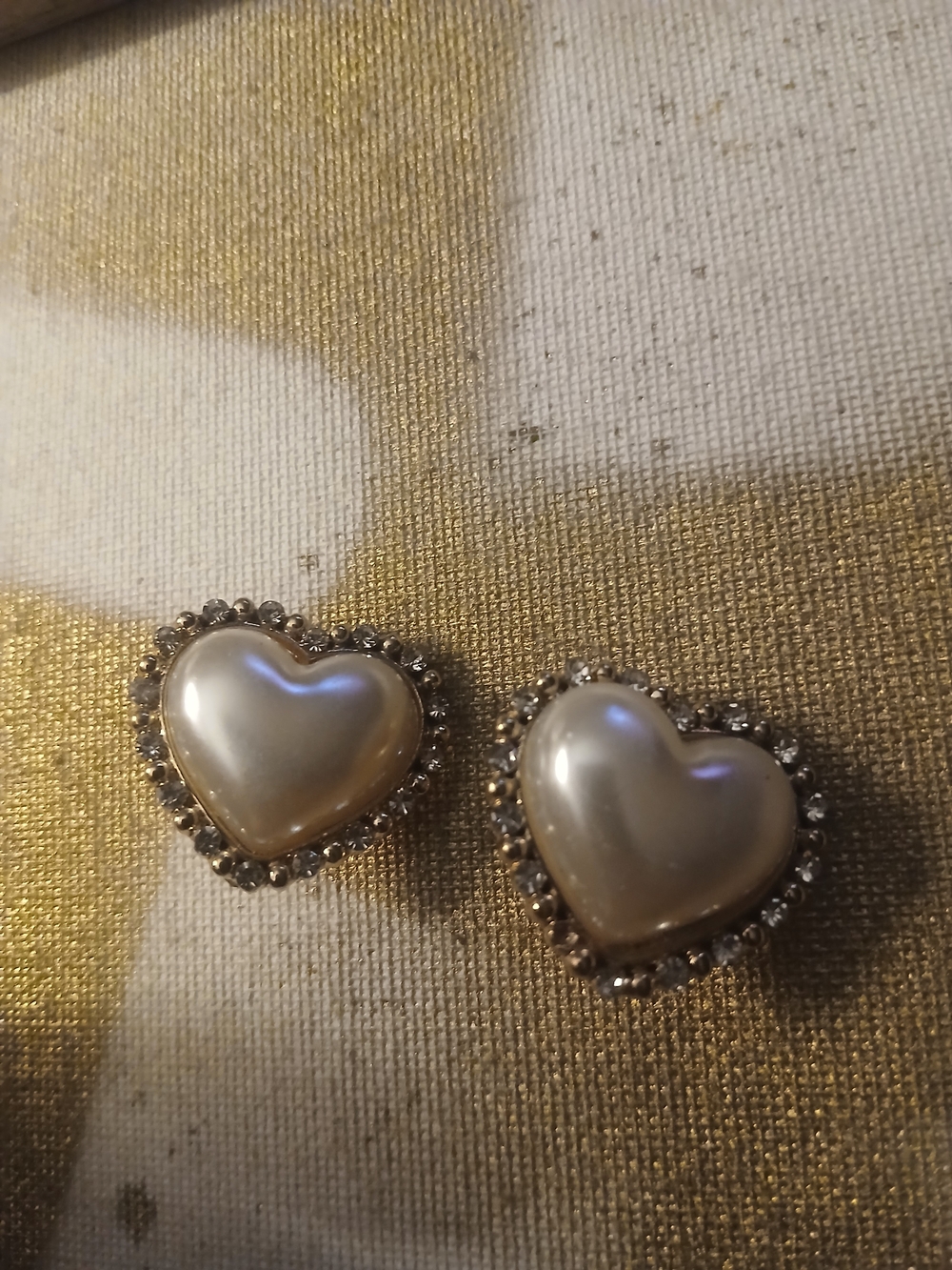 Clip On Pearl Heart Stud Earrings with Crystal Halo - Gold Tone